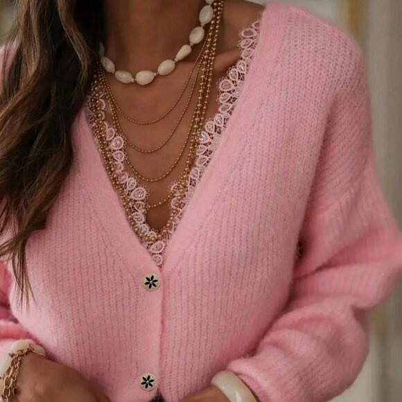 Pink Casual Women's V Neck Lace Trim & Rhinestones Cardigan - Picture 7 of 8